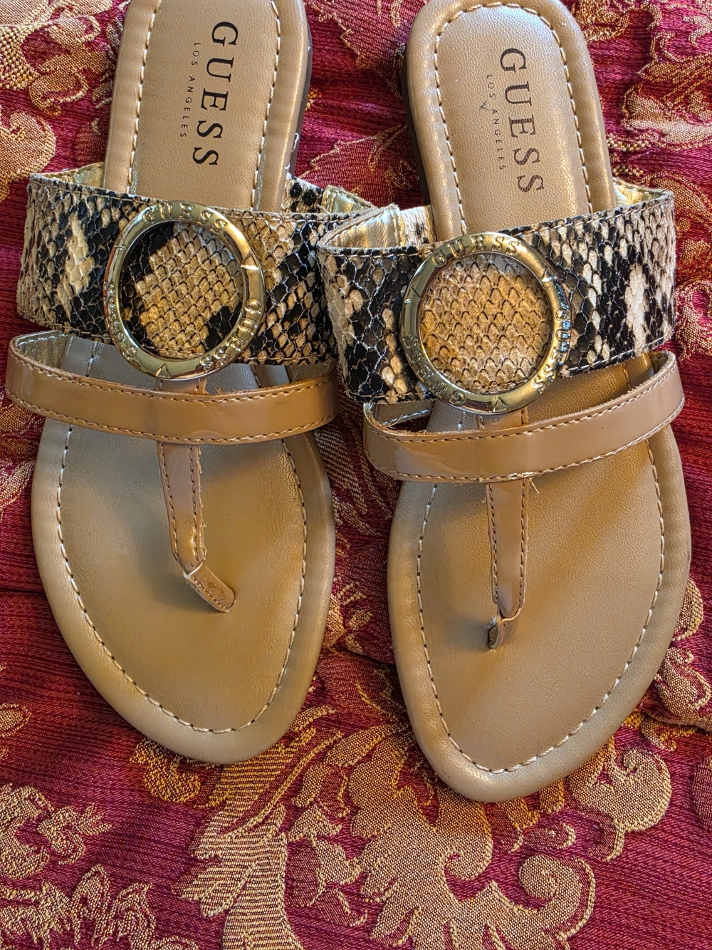 GUESS Tan Snake-Print Thong Sandals with Gold Accent